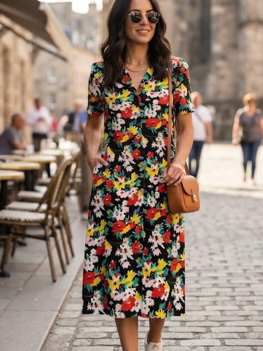 Camillia Black Multi-Color Bold Floral Print Button-Down Dress Statement Artsy